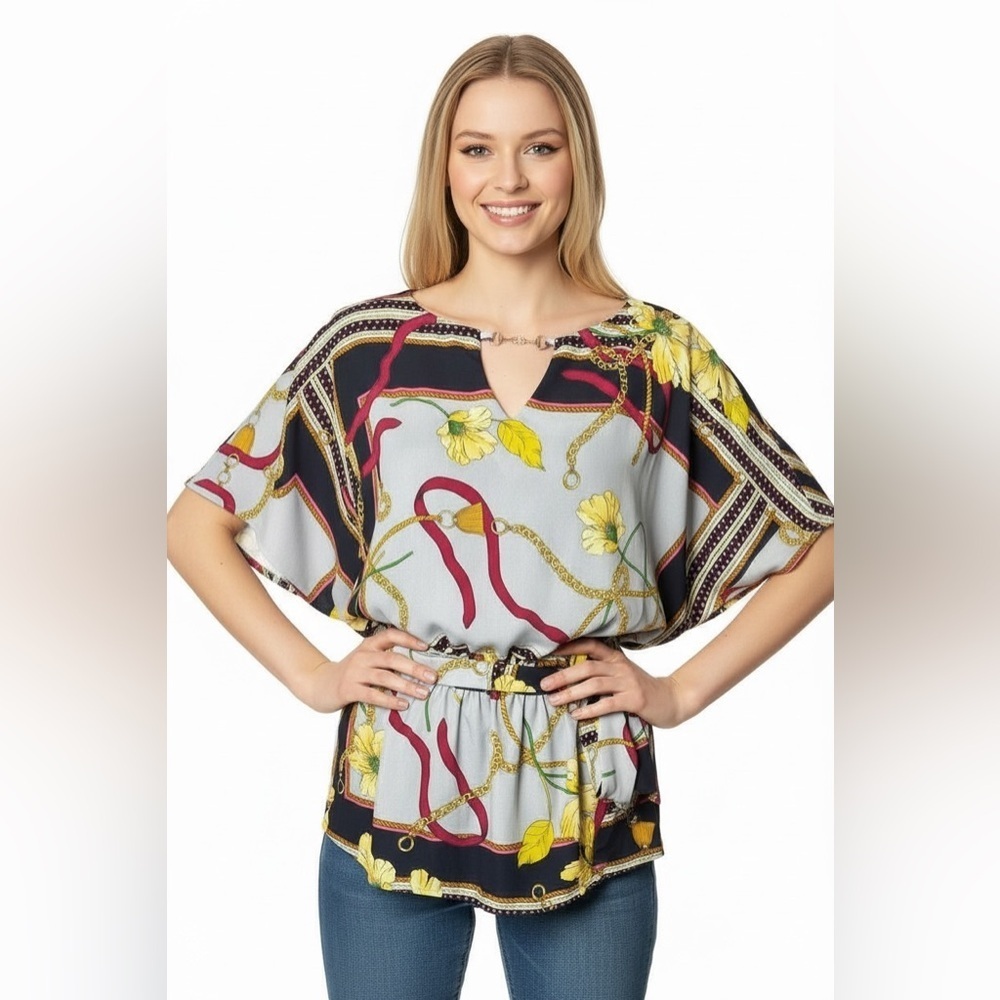 7th Avenue Scarf Print Belted Blouse • Chain Detail • Vibrant Floral • Size M
